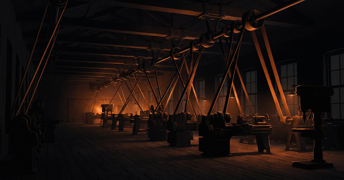 The interior of a machine shop in the 1890s, lit by electric pendant lamps. A steel line shaft runs the length of the ceiling, and wide leather belts drop from its pulleys to every lathe on the floor below.